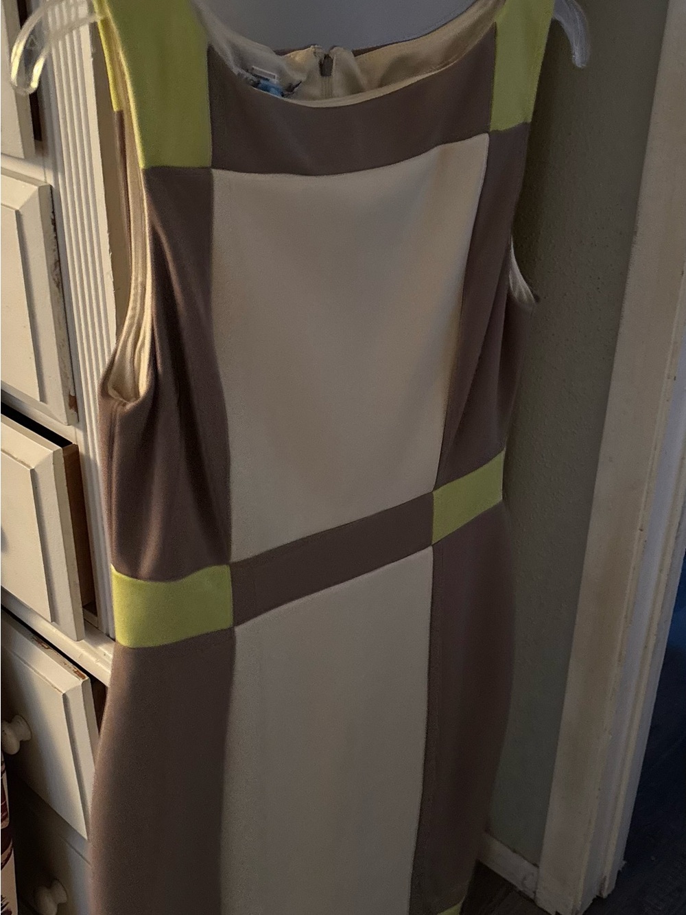 Maggy London Cream, Taupe & Lime Colorblock Sleeveless Sheath Dress